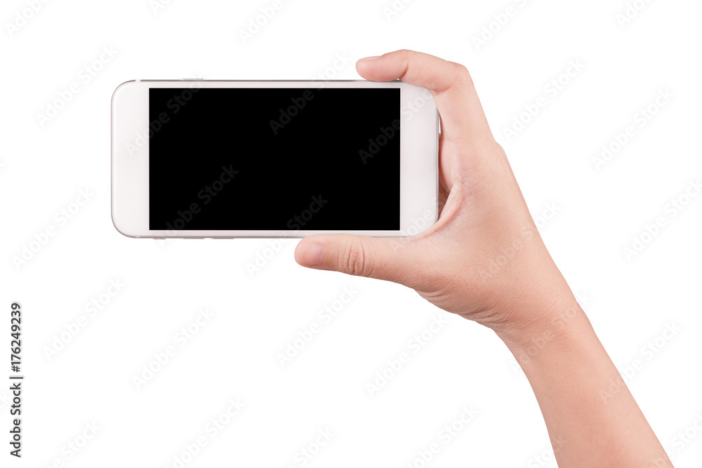 Isolated female hand holding a cellphone and black screen with clipping path Isolated female hand holding a cellphone and black screen with clipping path
