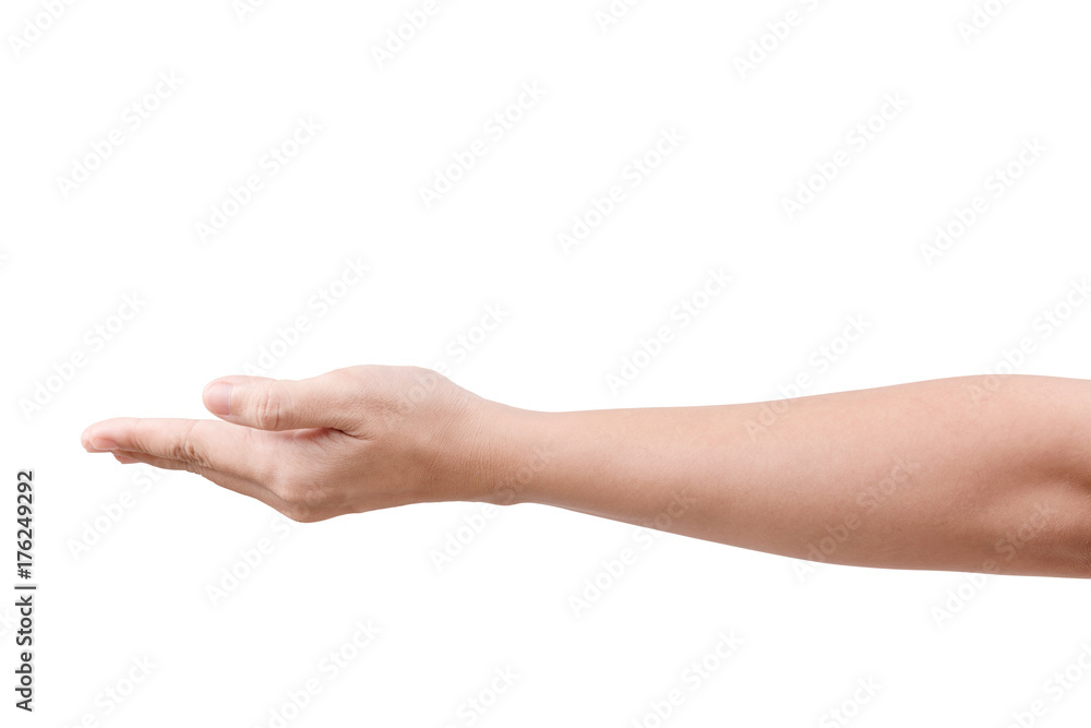 Woman beautiful hand holding something like a open and ready help or receive isolated on white with clipping path Woman beautiful hand holding something like a open and ready help or receive isolated on white with clipping path