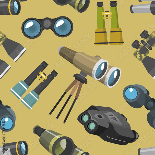Professional camera lens binoculars glass look-see spyglass optics seamless pattern camera focus optical equipment vector illustration