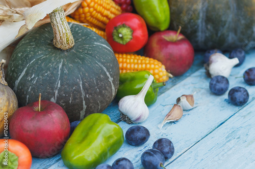 Pumpkin  corn and different ripe vegetables