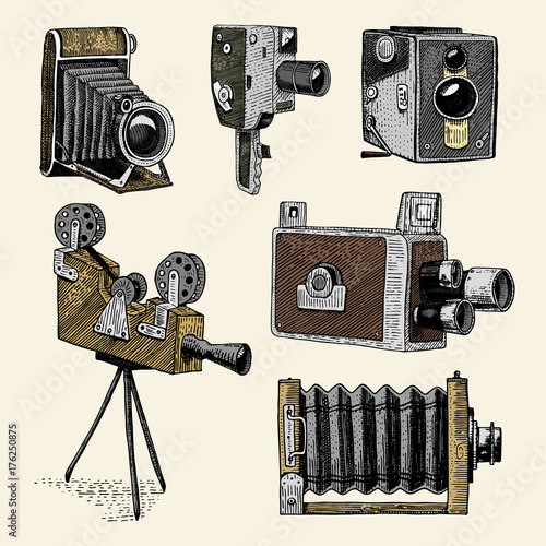 evolution of the photo, video, film, movie camera from first till now vintage, engraved hand drawn in sketch or wood cut style, old looking retro lens, isolated vector realistic illustration