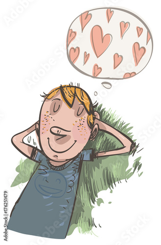 Young boy dreams of love. Vector illustration