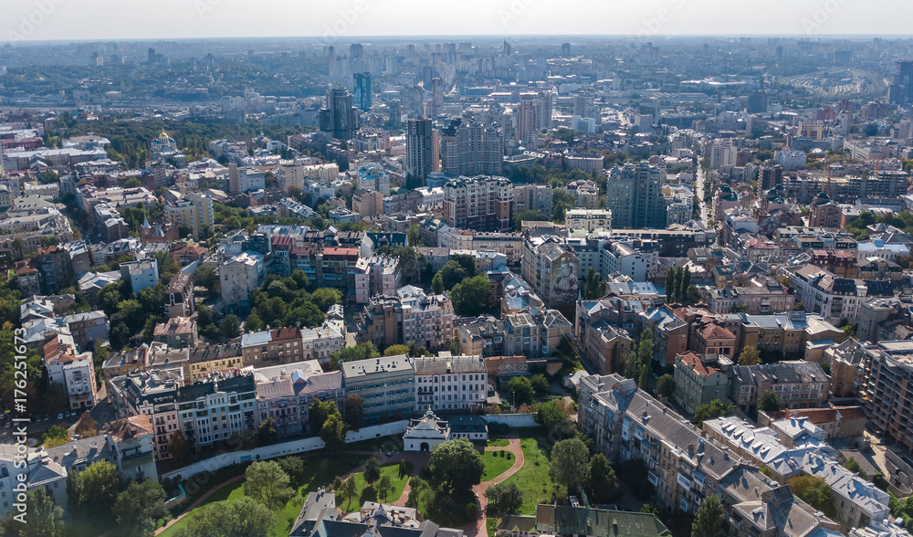 Aerial top view of Kiev city skyline from above, Kyiv center downtown cityscape, capital of Ukraine
