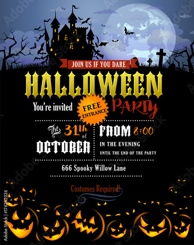 Halloween party invitation with Dracula castle