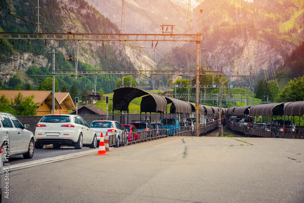 Row of cars to get in the car trains between Kandersteg and Goppenstein
