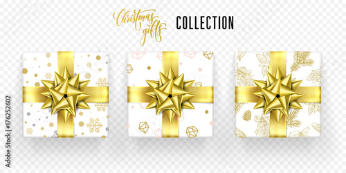Christmas gift boxes set, golden ribbon bow and gold snowflakes and crystals wrapper pattern. Vector isolated gifts icons for New Year or Christmas and Birthday greeting card on transparent background