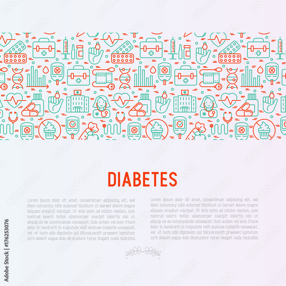 Diabetes concept with thin line icons of symptoms and prevention care. Vector illustration for background of medical survey or report, for banner, web page, print media. Diabetes concept with thin line icons of symptoms and prevention care. Vector illustration for background of medical survey or report, for banner, web page, print media.