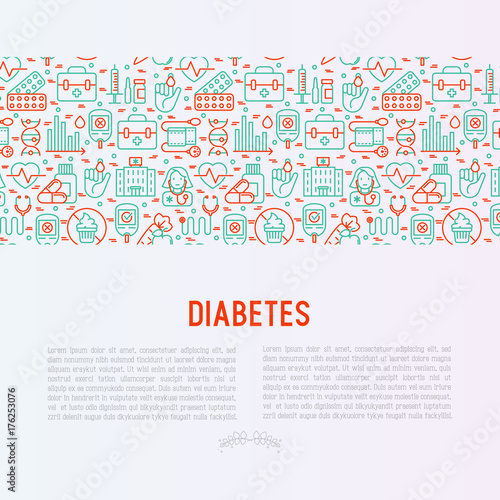 Diabetes concept with thin line icons of symptoms and prevention care. Vector illustration for background of medical survey or report, for banner, web page, print media.