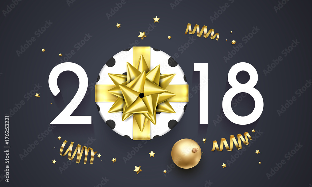 Naklejka premium 2018 New Year greeting card of golden decoration balls or gift ribbon bow and gold glittering confetti glitter on premium black background. Vector Christmas or New Year winter holiday design template