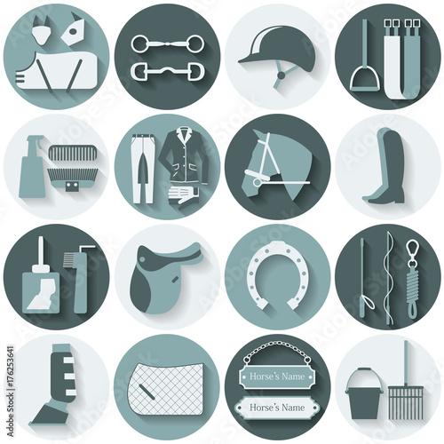 Set of 16 round flat vector icons with different horse and riding equipment