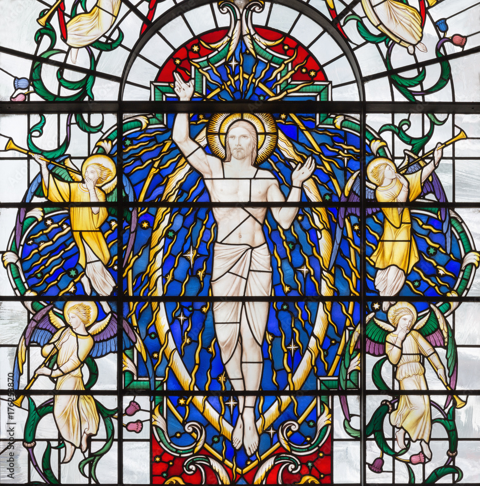 LONDON, GREAT BRITAIN - SEPTEMBER 14, 2017: The resurrected Jesus Christ on the stained glass in church St. Lawrence Jewry by Christopher Webb (half of 20. cent.)