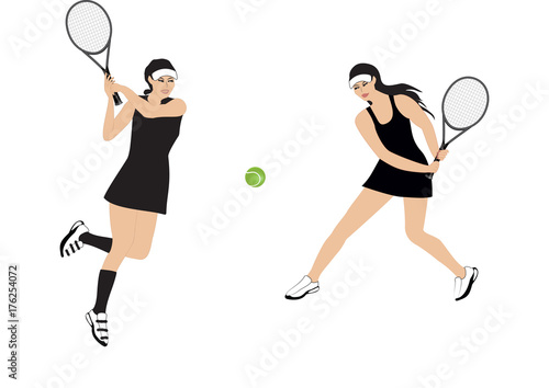 two girls playing tennis - isolated on white background - art creative vector © istorsvetlana