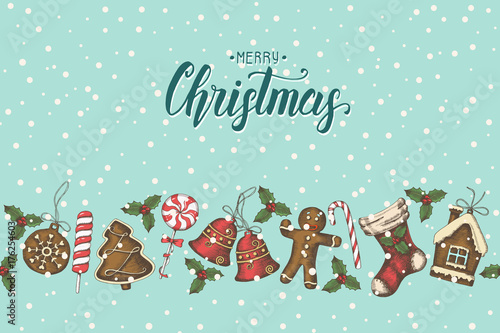 Vintage seamless pattern with hand drawn christmas objects and hand made lettering "Merry Christmas". Sketch. Christmas background can be used for wallpaper, web page background, banner, textile