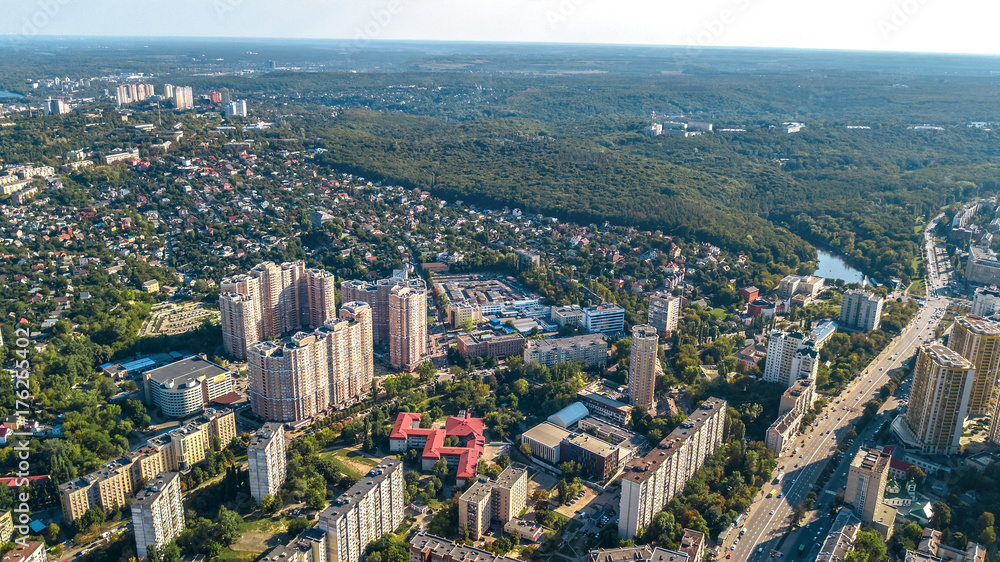 Aerial top view of Kiev city residential area from above, Goloseevo district skyline, Kyiv, Ukraine
