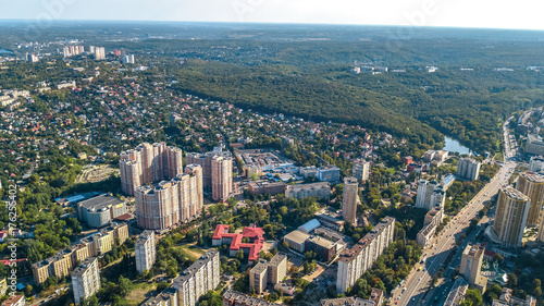 Aerial top view of Kiev city residential area from above, Goloseevo district skyline, Kyiv, Ukraine 
