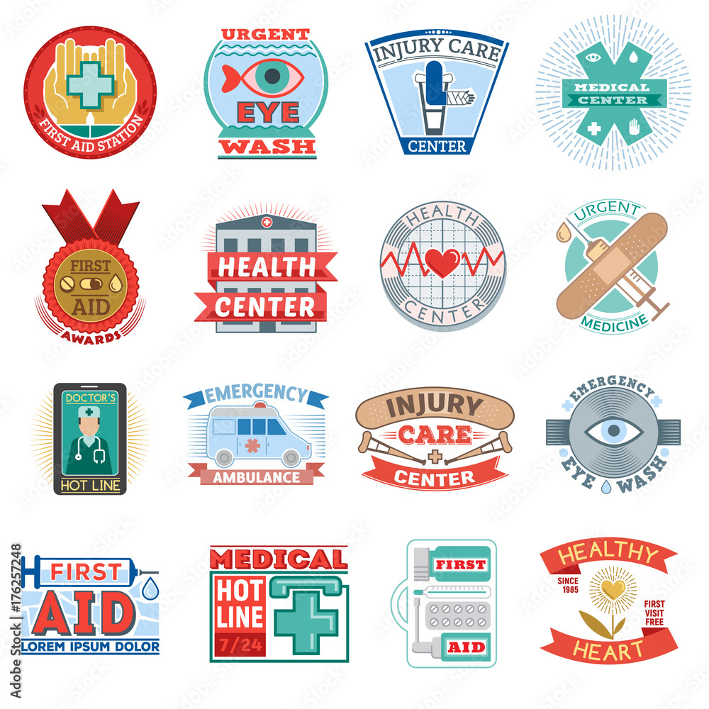 Naklejka premium Medical health center clinic logo emblem vector illustration first aid healthcare and pharmacy medicine.