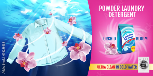 Orchid fragrance Laundry detergent ads. Vector realistic Illustration with shirt is washed in water and product package. Horizontal banner photo