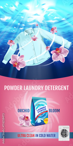 Orchid fragrance Laundry detergent ads. Vector realistic Illustration with shirt is washed in water and product package. Vertical banner