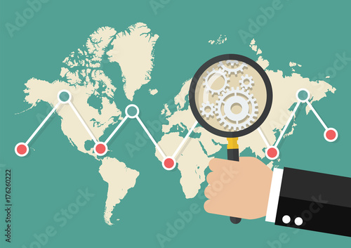 Magnifying glass scan stock market graph with world map