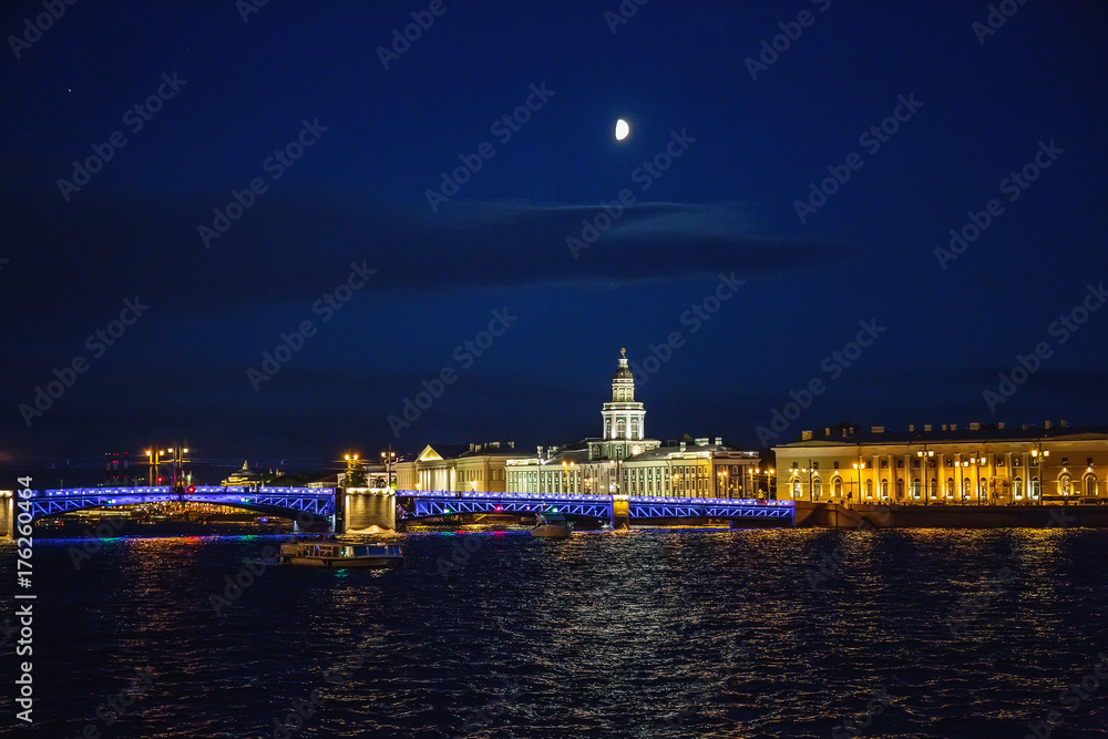 Night cityscape, river and bridge in Saint-Petersburg