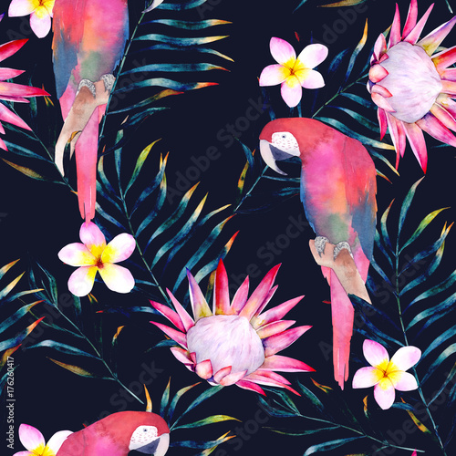 Tropical seamless pattern with parrots, protea, plumeria and leaves. Watercol...