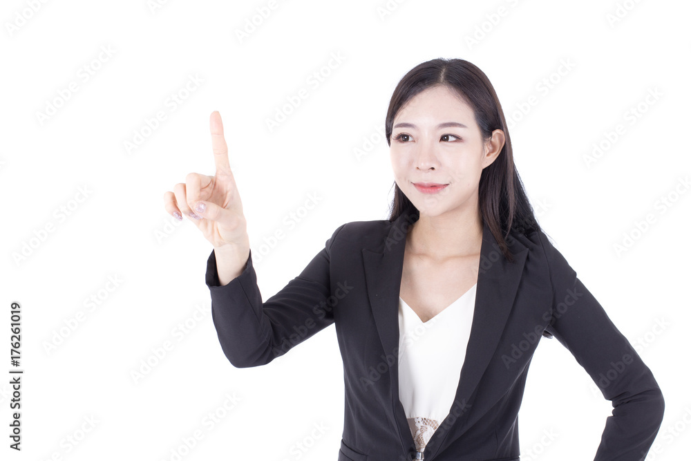 Portrait of Korean Woman touching something with smiling, Woman stand on white background, Woman with technology concept. Portrait of Korean Woman touching something with smiling, Woman stand on white background, Woman with technology concept.