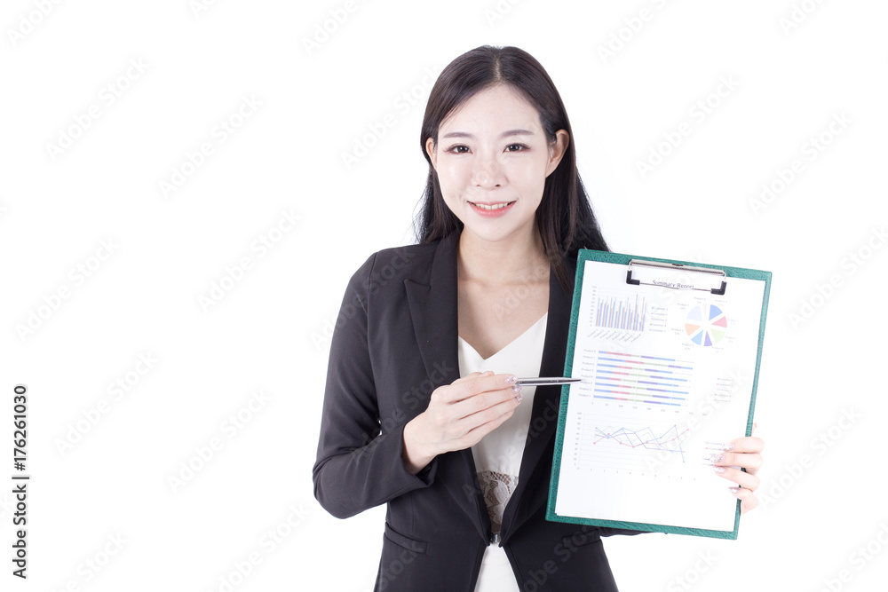 Portrait of Korean Woman holding pen to Presentation for Business plan, Woman stand on white background, Woman with Business concept. Portrait of Korean Woman holding pen to Presentation for Business plan, Woman stand on white background, Woman with Business concept.