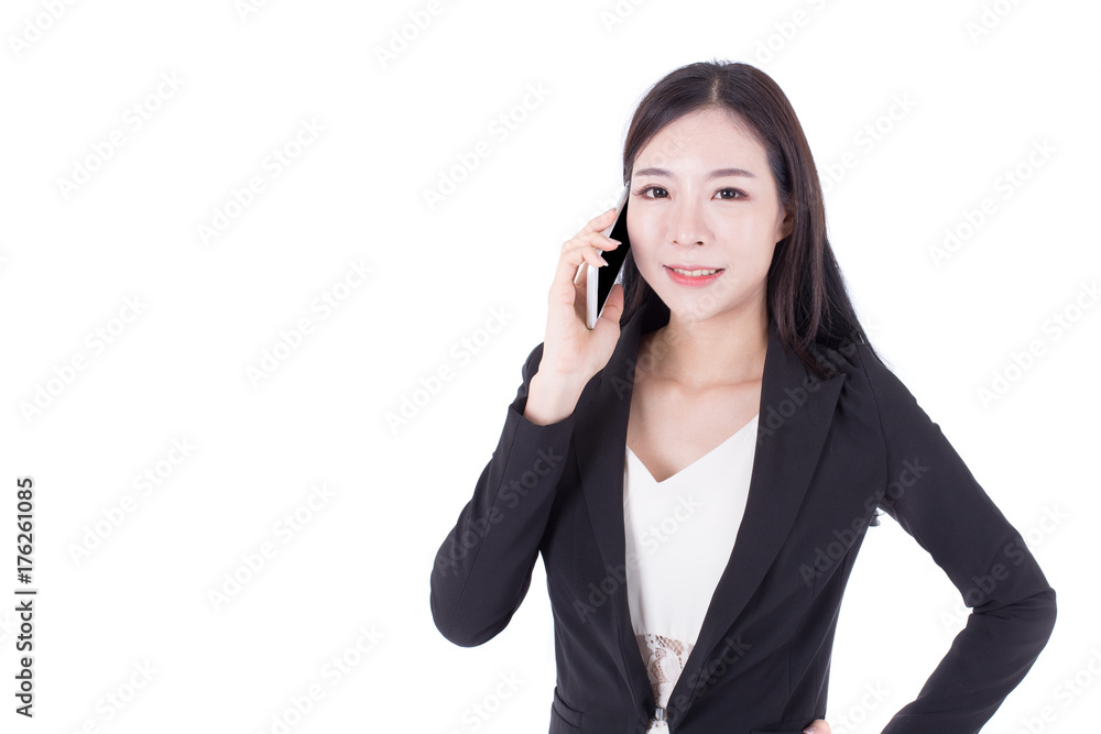 Portrait of Korean Woman using Smartphone with smiling, Woman stand on white background, Woman with technology concept. Portrait of Korean Woman using Smartphone with smiling, Woman stand on white background, Woman with technology concept.