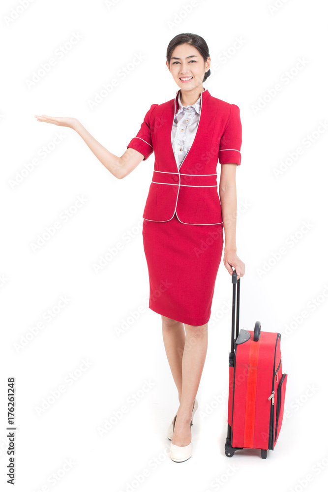 Portrait of Asian Air Hostess posing with Bag, Woman stand and smile at isolated on white background, Woman with Air Hostess concept. Portrait of Asian Air Hostess posing with Bag, Woman stand and smile at isolated on white background, Woman with Air Hostess concept.