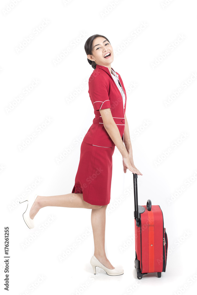 Portrait of Asian Air Hostess posing with Bag, Woman stand and smile at isolated on white background, Woman with Air Hostess concept. Portrait of Asian Air Hostess posing with Bag, Woman stand and smile at isolated on white background, Woman with Air Hostess concept.