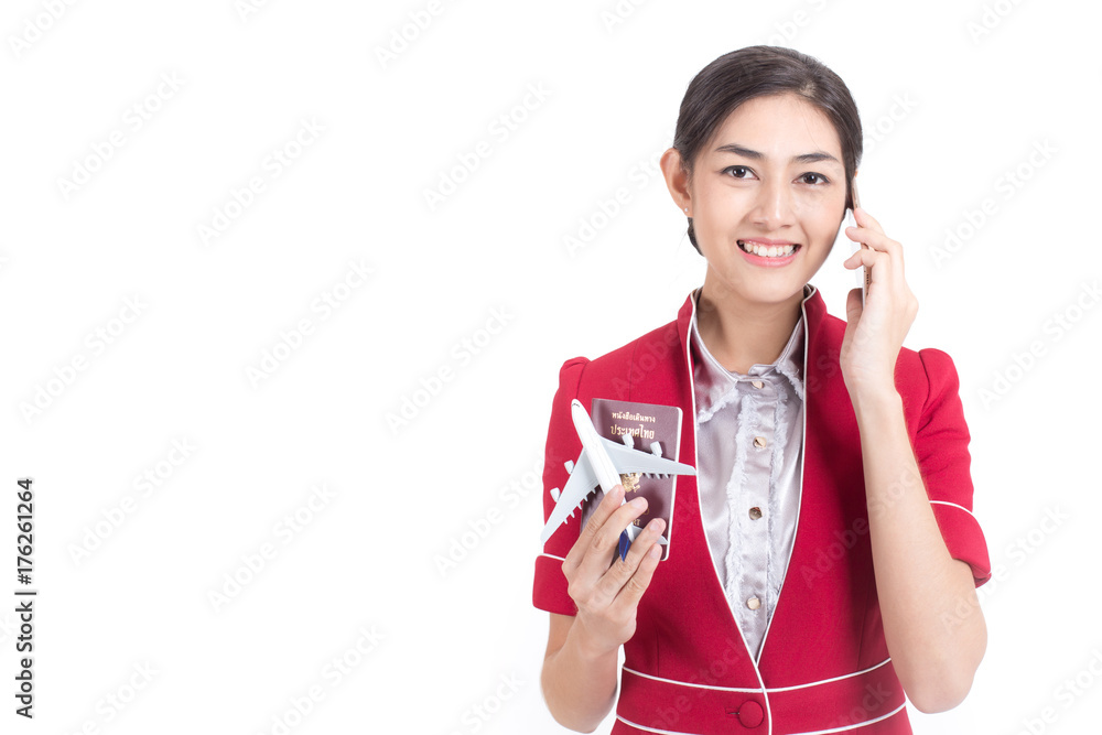 Portrait of Asian Air Hostess using Smartphone for talk, Woman stand and smile at isolated on white background, Woman with Air Hostess concept. Portrait of Asian Air Hostess using Smartphone for talk, Woman stand and smile at isolated on white background, Woman with Air Hostess concept.
