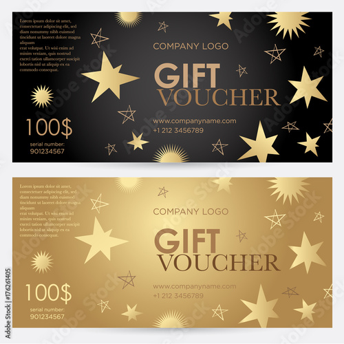 Gift voucher with gold stars. Christmas gift certificate. Vector template for gift card, coupon and certificate for a spa, beauty salon, shops, cosmetics and restaurants