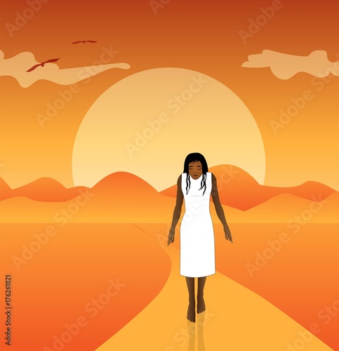 donna sola e triste cammina al tramonto