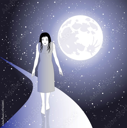 alone woman walks in the space between moon and stars