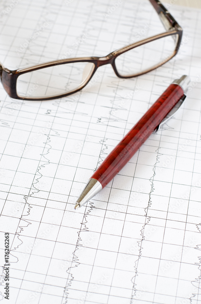 Electrocardiogram graph (ECG), heart analysis. Ballpoint pen Electrocardiogram graph (ECG), heart analysis. Ballpoint pen