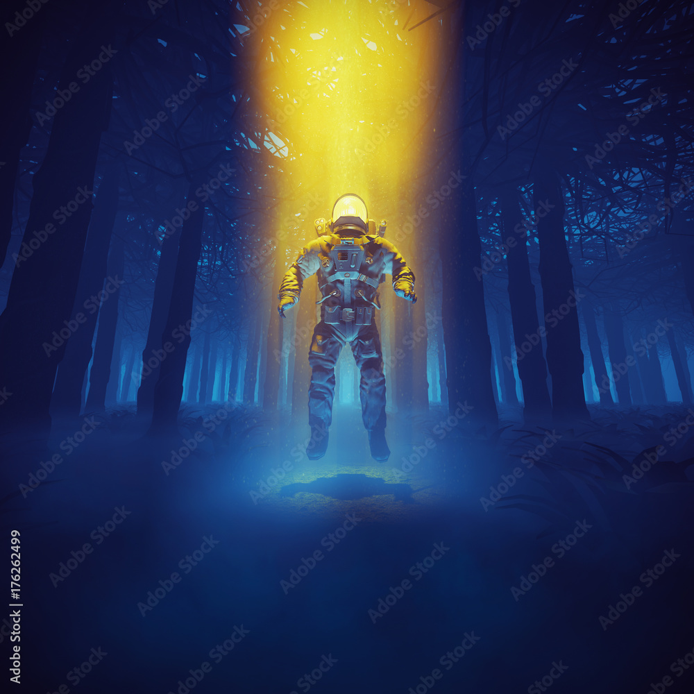 Plakat Forest astronaut concept / 3D illustration of astronaut materialising in the middle of dark forest