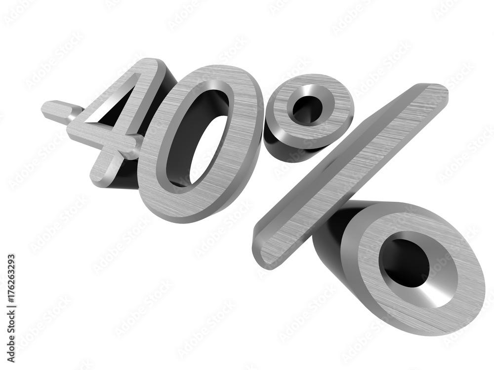 minus 40 percents. 3D rendered. On a white background. Metallic texture minus 40 percents. 3D rendered. On a white background. Metallic texture