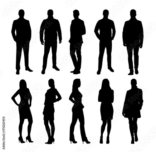 Business people, group of business men and women. Set of vector silhouettes