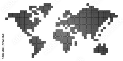 Minimalist stylish pixelated (voxel) 3d rendered world map isolated on white background.