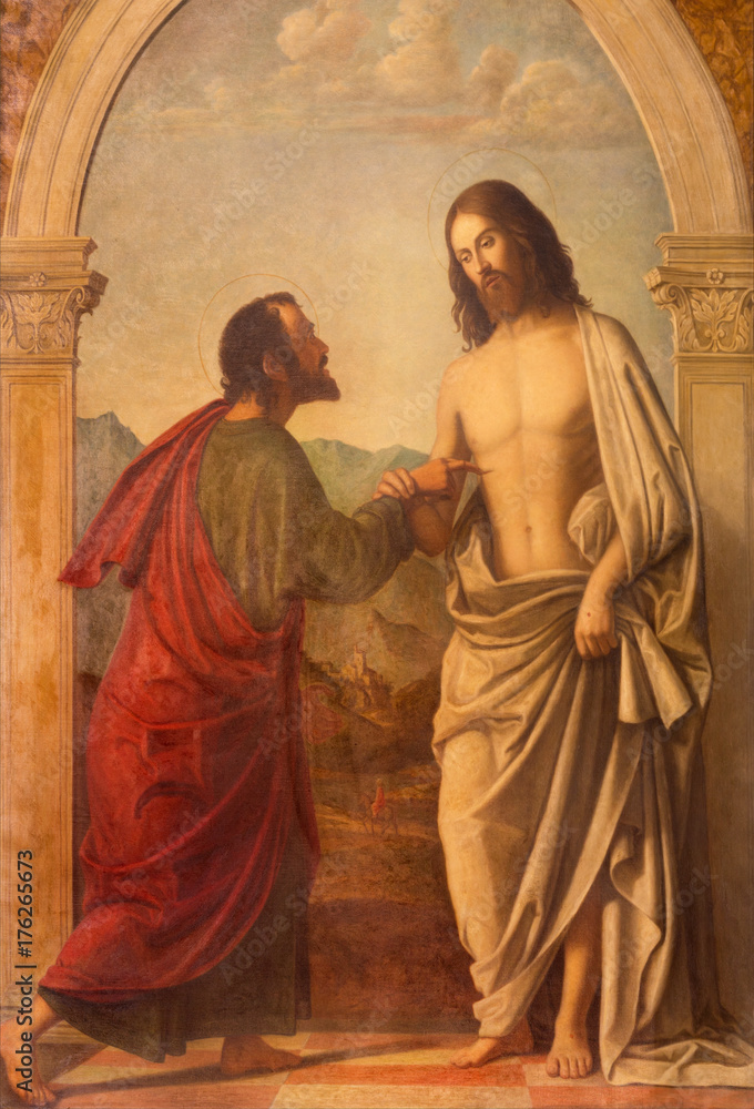 LONDON, GREAT BRITAIN - SEPTEMBER 18, 2017: The painting of Christ appearing to the doubting Thomas in church Immaculate Conception, Farm Street based on a original by Cima da Conegliano.