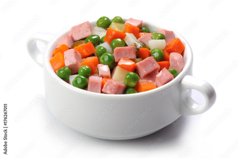 vegetables salad with boiled sausages on white background vegetables salad with boiled sausages on white background