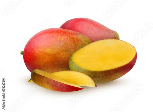 Mango whole and half isolated on white background.