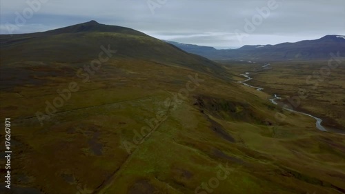 Aerial footage of dramatic wild icelandic highland landscape. Lava and volcano Icelandic landscape from above.