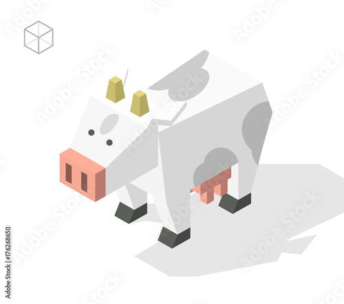 Set of Isolated Isometric Minimal City Elements . Cow with Shadows on White Background