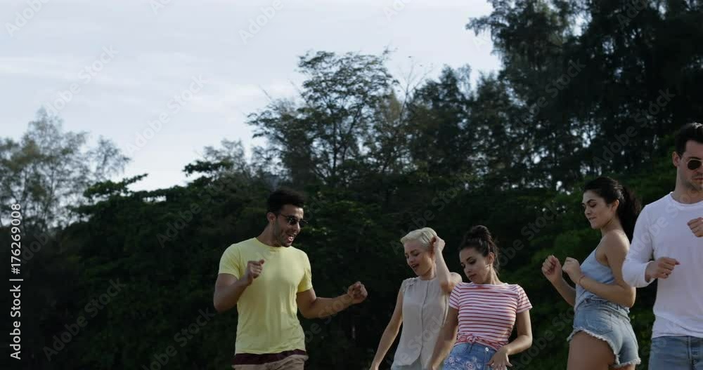 People Dancing In Mountain Park, Happy Friends Mix Race Group Outdoors Slow Motion 60 People Dancing In Mountain Park, Happy Friends Mix Race Group Outdoors Slow Motion 60