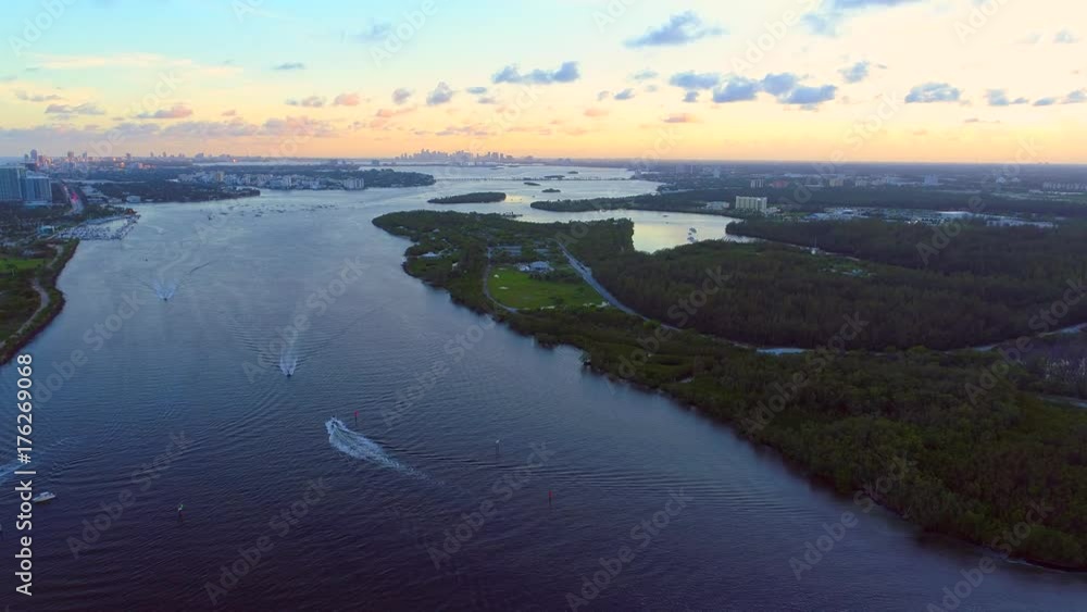 Aerial twilight drone shot Biscayne Bay Miami Aerial twilight drone shot Biscayne Bay Miami