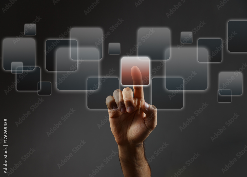 Man's hand pushing the button. Touchscreen. Rear view. Man's hand pushing the button. Touchscreen. Rear view.