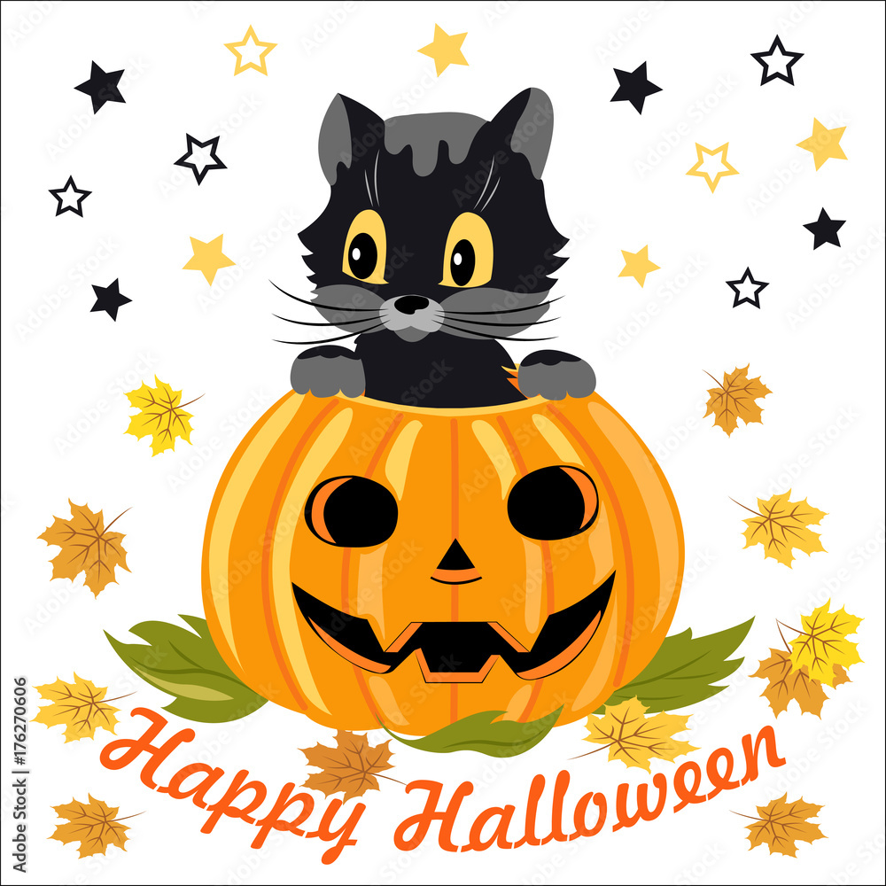  Greeting card, banner with the holiday of Halloween, drawing of pumpkin, black kitten, autumn leaves.