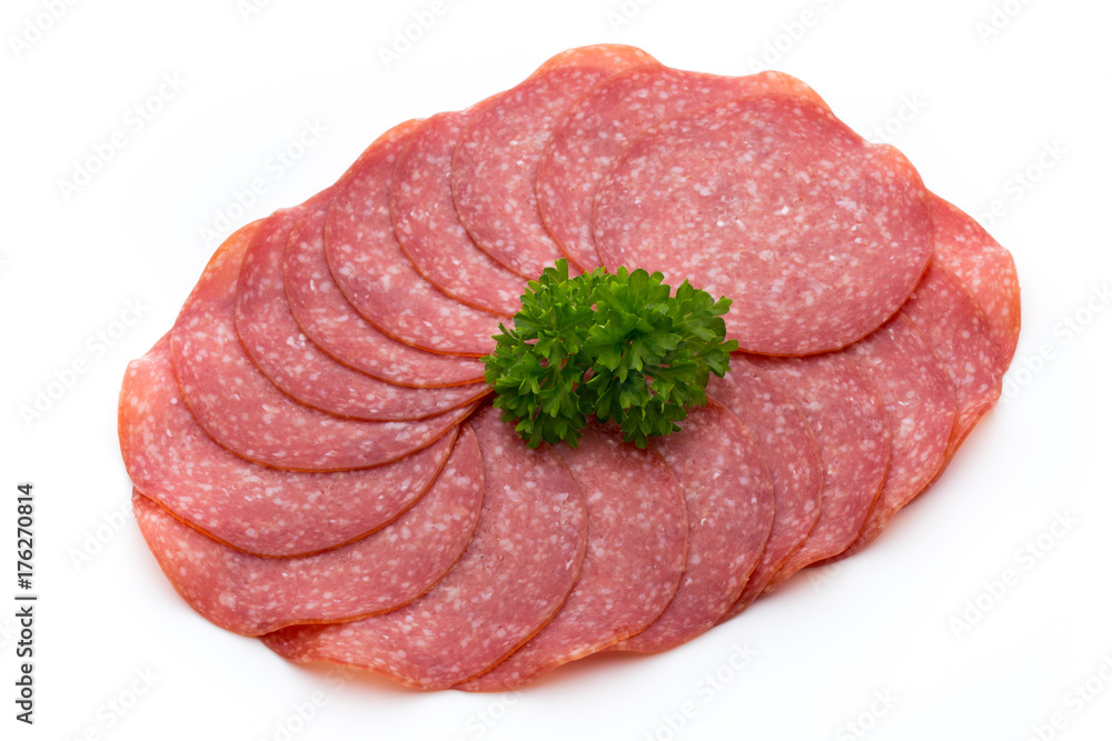 Salami slices isolated on white background. Salami slices isolated on white background.