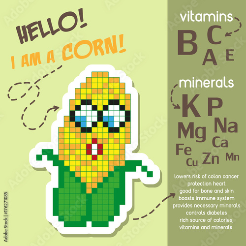 Creative infographics about vitamins and minerals in corn. Health benefits of corn. Cartoon style. Vector illustration